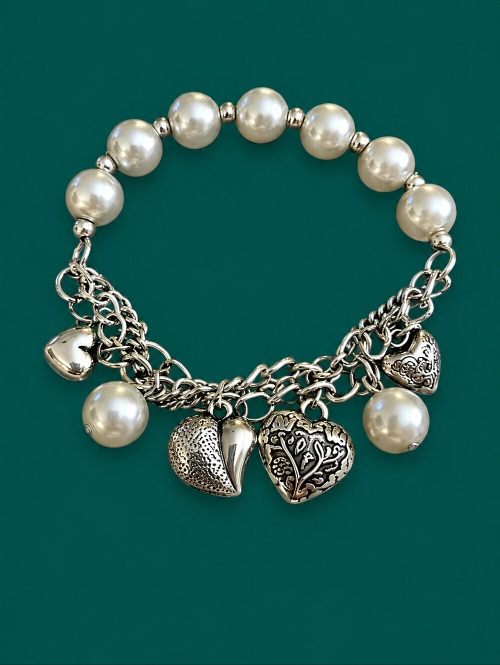 3/$25 Pearl Chain Heart Charm Coquette Stretch Bracelet